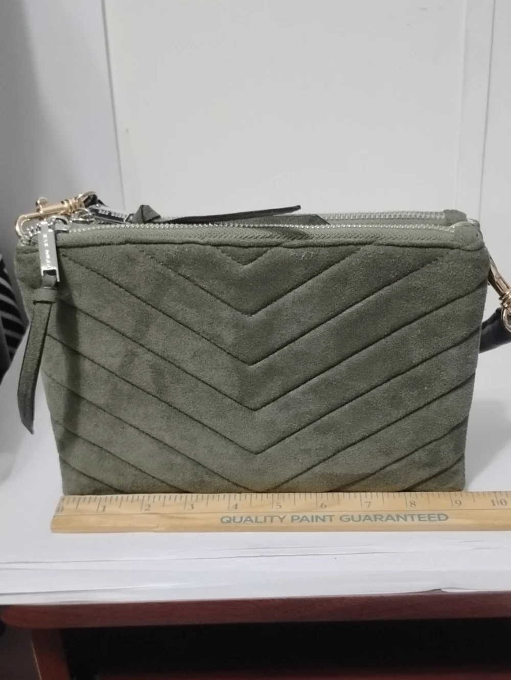Rae OnDunn Women’s Olive Green Suede Quilted Crossbody Pouch/Bag‎